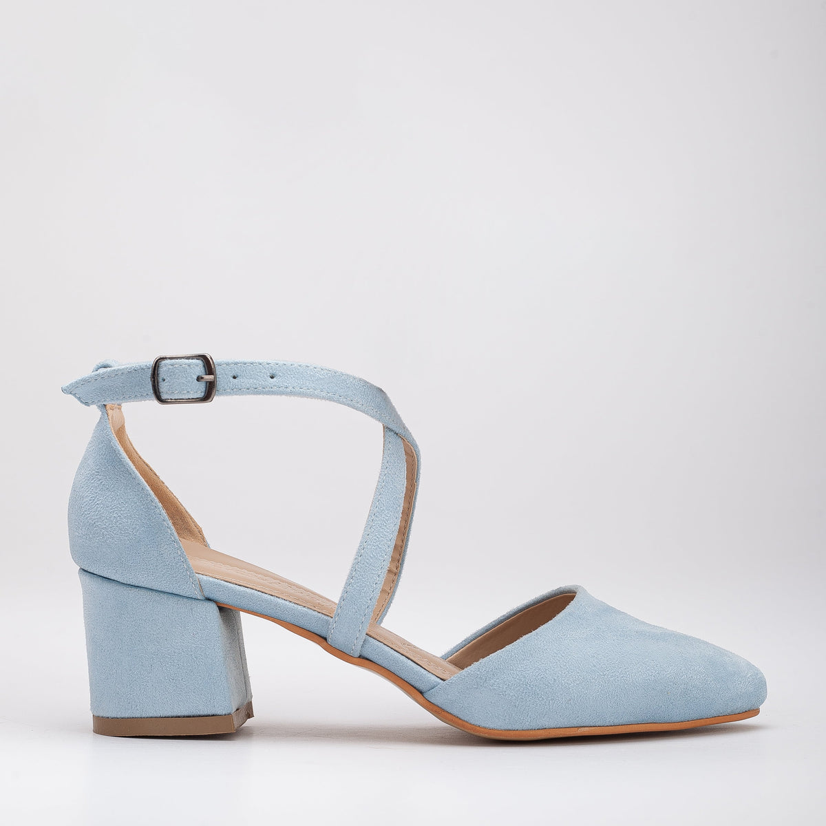 Dolly - Baby Blue Suede Heels – front three-quarter view showing leather, suede, blue, Vowalisse