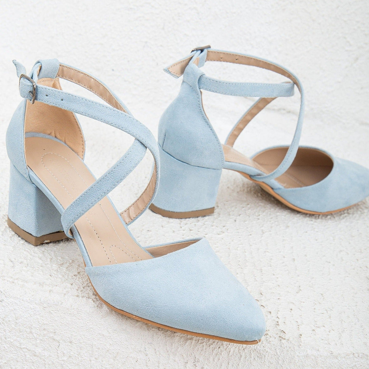 Dolly - Baby Blue Suede Heels – back view showing leather, suede, blue, Vowalisse