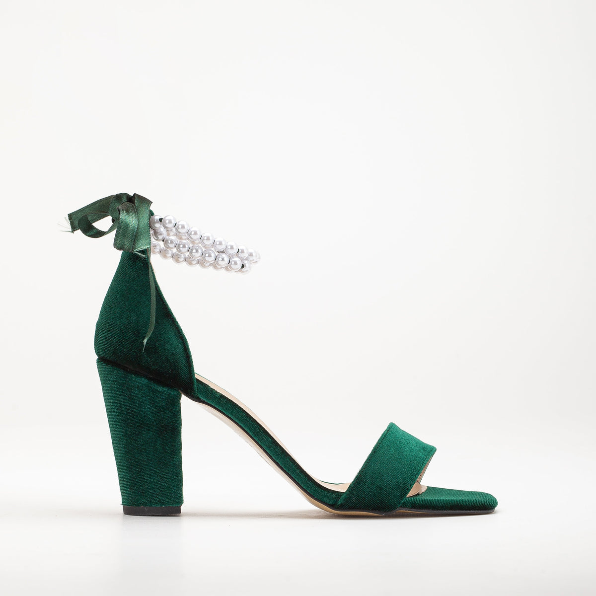 Melissa - Green Velvet Sandals with Pearls – front three-quarter view showing pearl, satin, velvet, Vowalisse