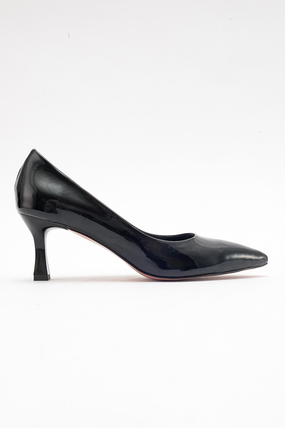 Pedra - Black Heeled Shoe – top view showing leather, black, Vowalisse