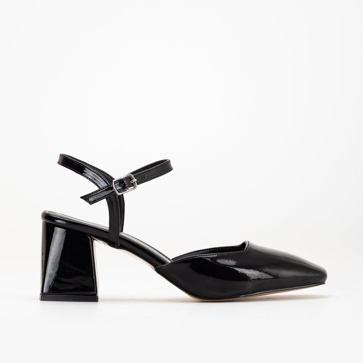 Kayla - Black Patent Pumps – front three-quarter view showing leather, black, red, Vowalisse