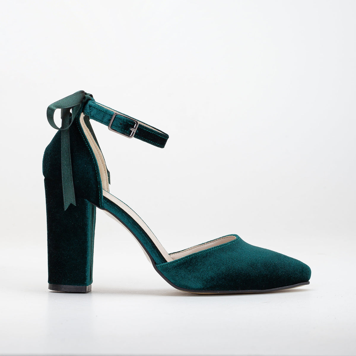 Jolie - Emerald Green Wedding Heels with Ribbon – front three-quarter view showing velvet, green, Vowalisse