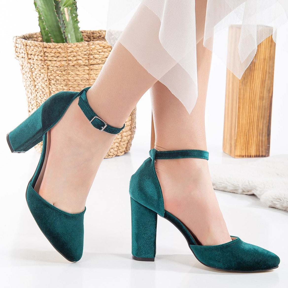 Jolie - Emerald Green Wedding Heels with Ribbon – pair view showing velvet, green, Vowalisse