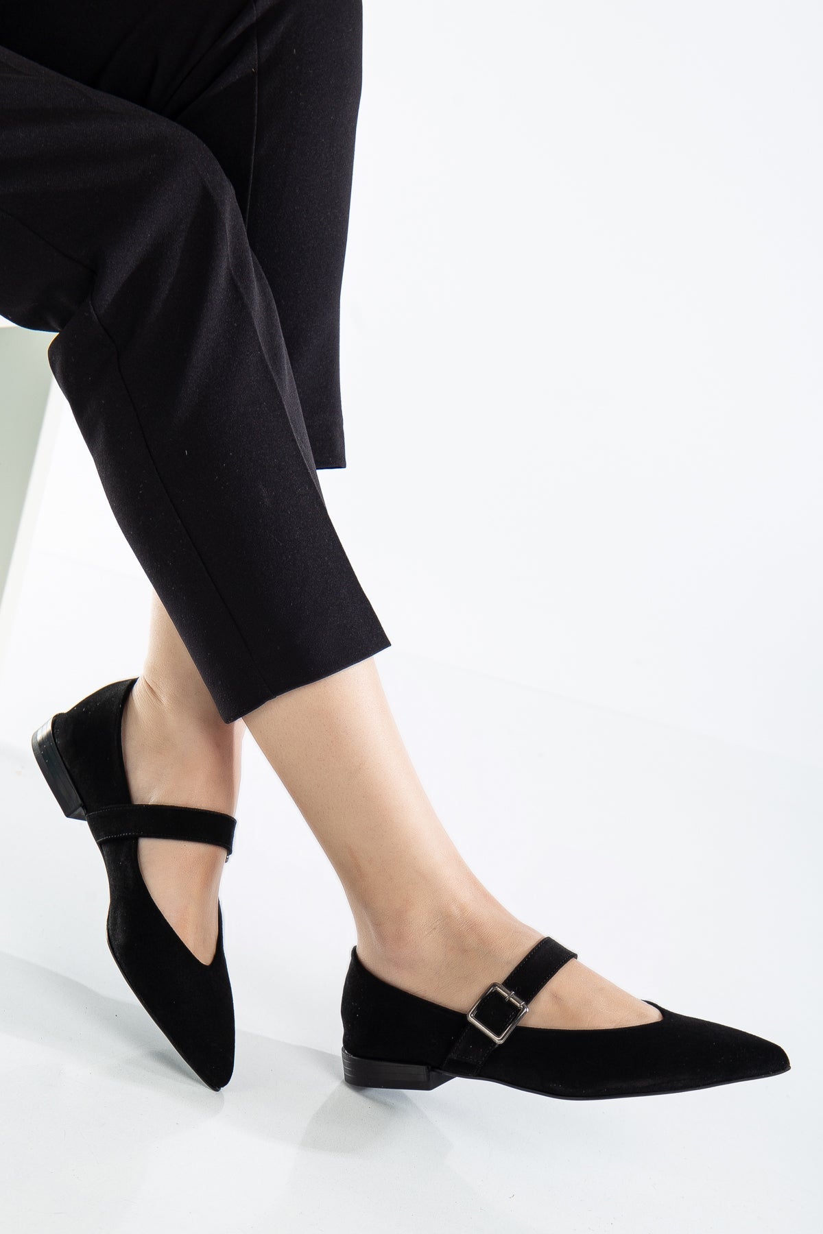 Willow - Black Suede Leather Mary Jane Flats – heel view showing leather, suede, black, Vowalisse