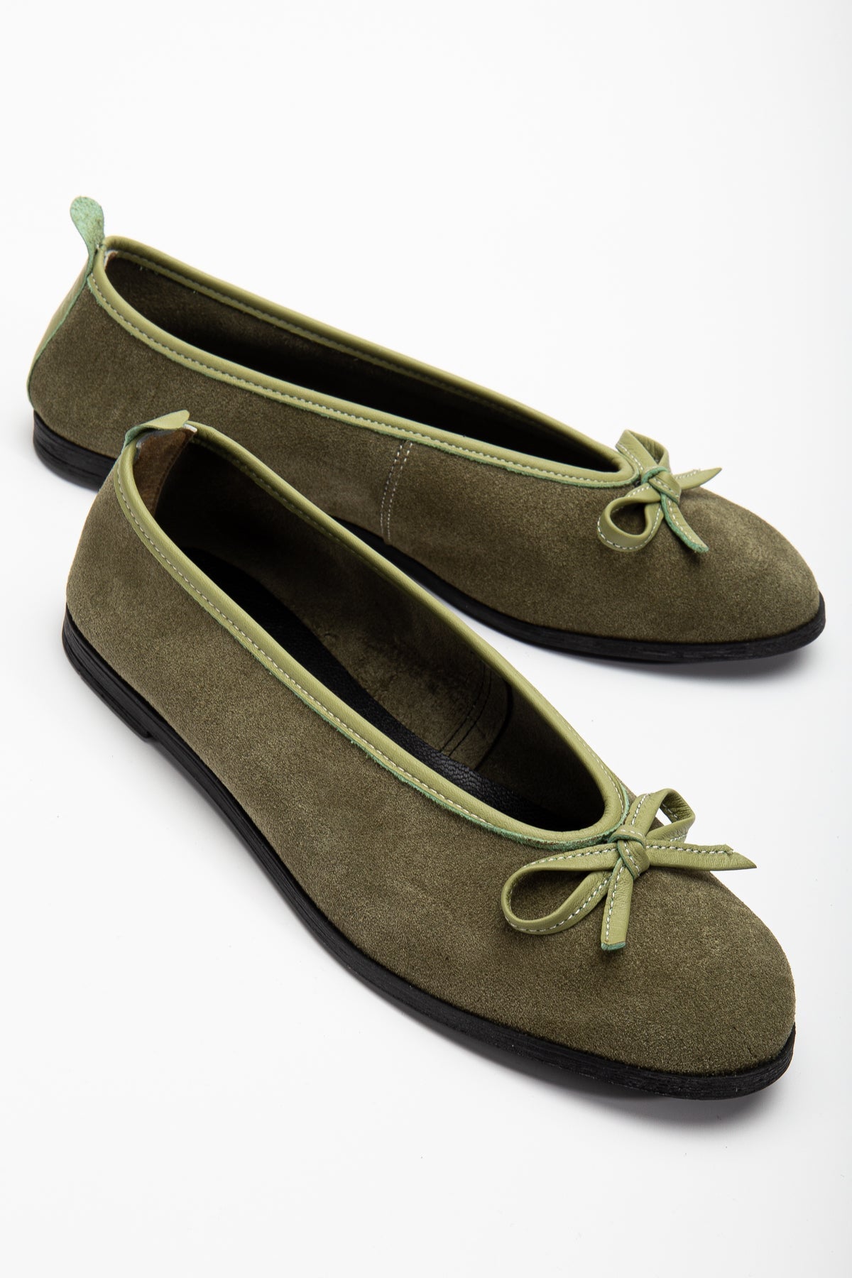 Freya - Khaki Suede Ballerina Flats – front three-quarter view showing bow, leather, suede, Vowalisse