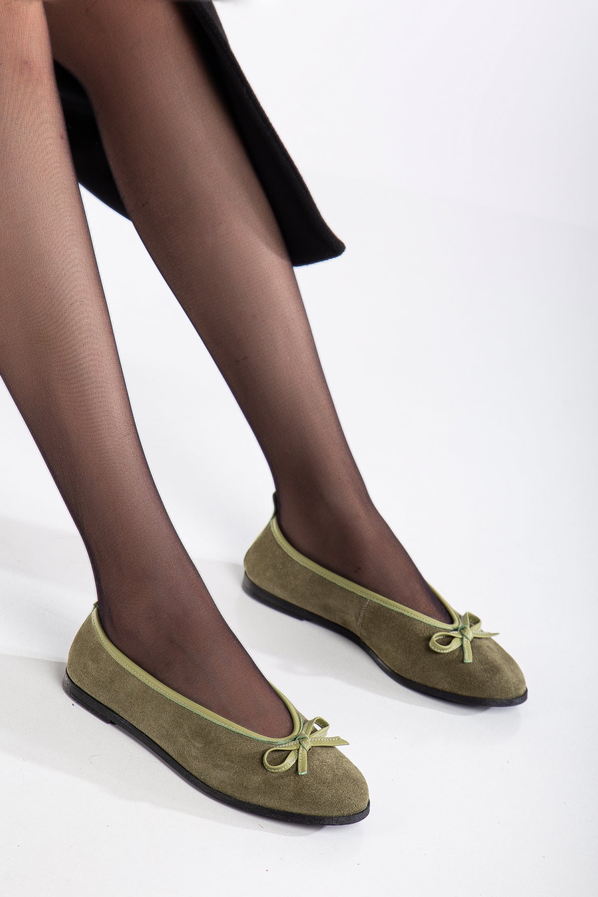 Freya - Khaki Suede Ballerina Flats – heel view showing bow, leather, suede, Vowalisse