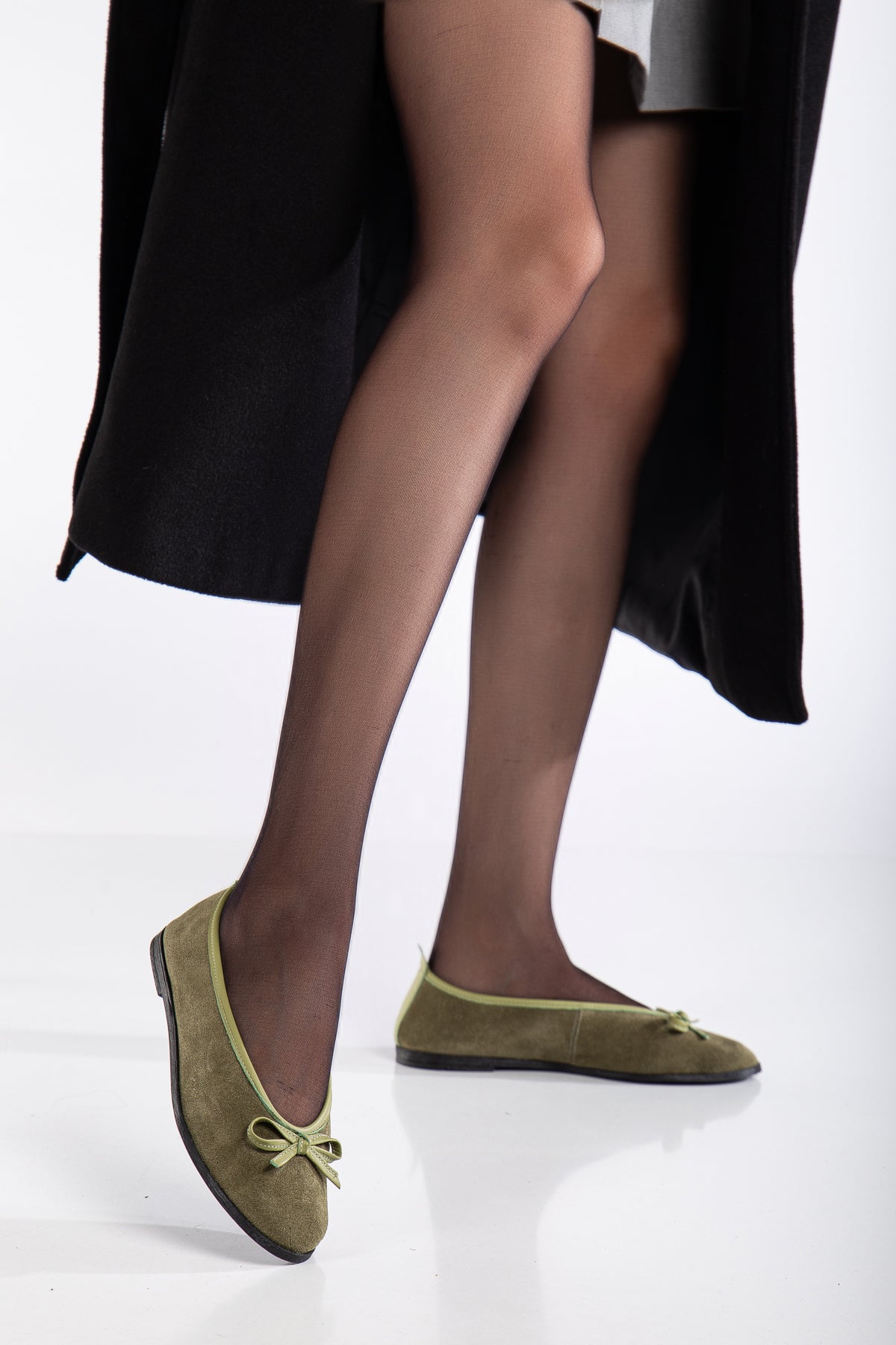 Freya - Khaki Suede Ballerina Flats – back view showing bow, leather, suede, Vowalisse