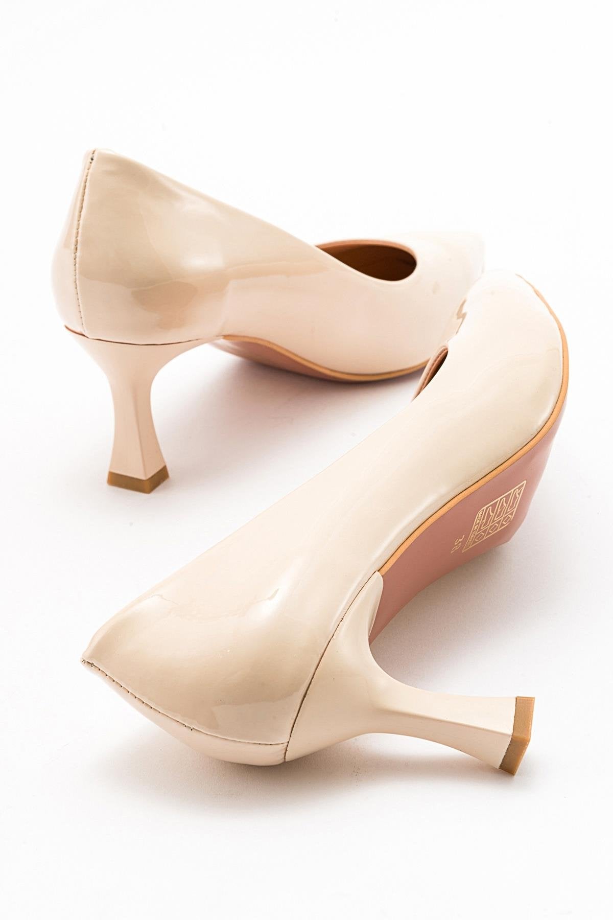 Pedra - Nude Heeled Shoe – back view showing leather, nude, red, Vowalisse