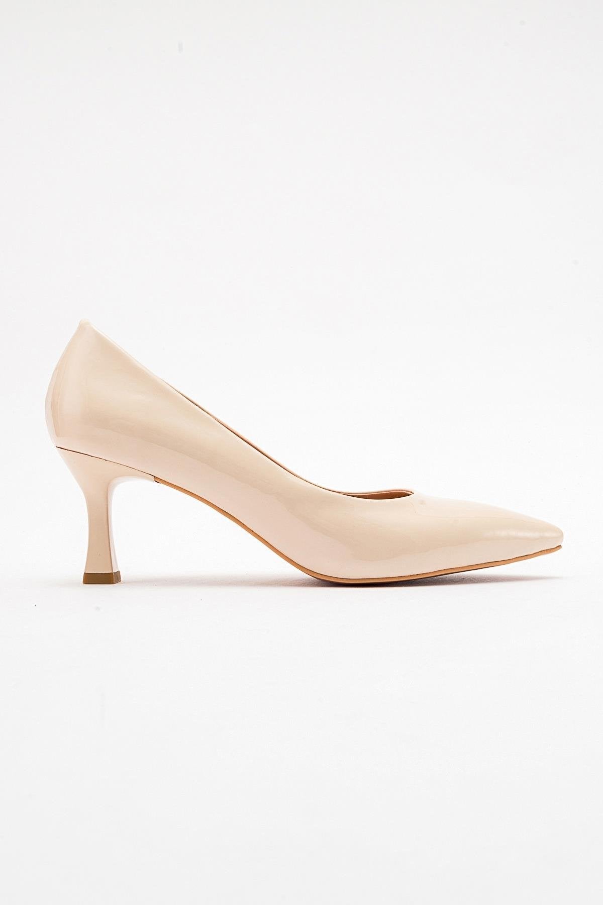 Pedra - Nude Heeled Shoe – top view showing leather, nude, red, Vowalisse