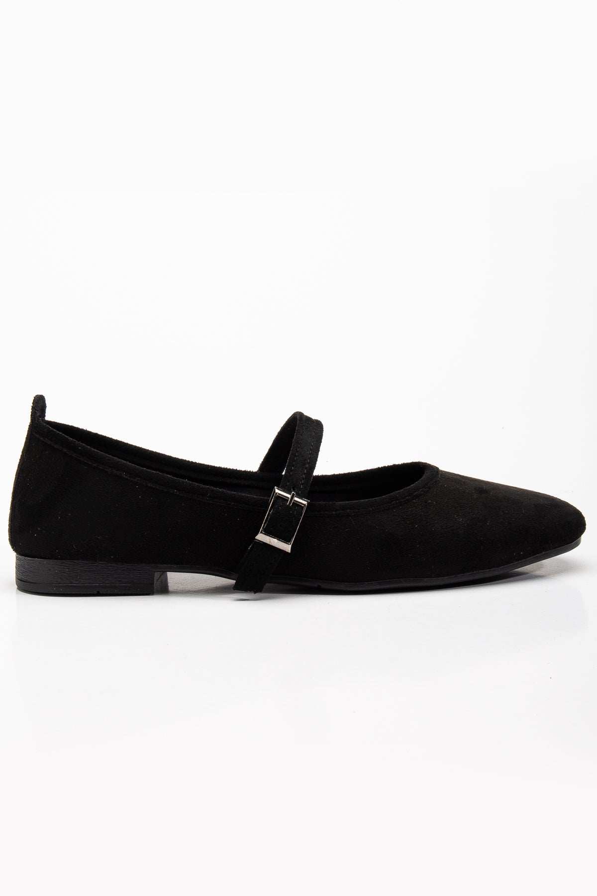 Emilie - Black Suede Mary Jane Flats – front three-quarter view showing leather, suede, black, Vowalisse