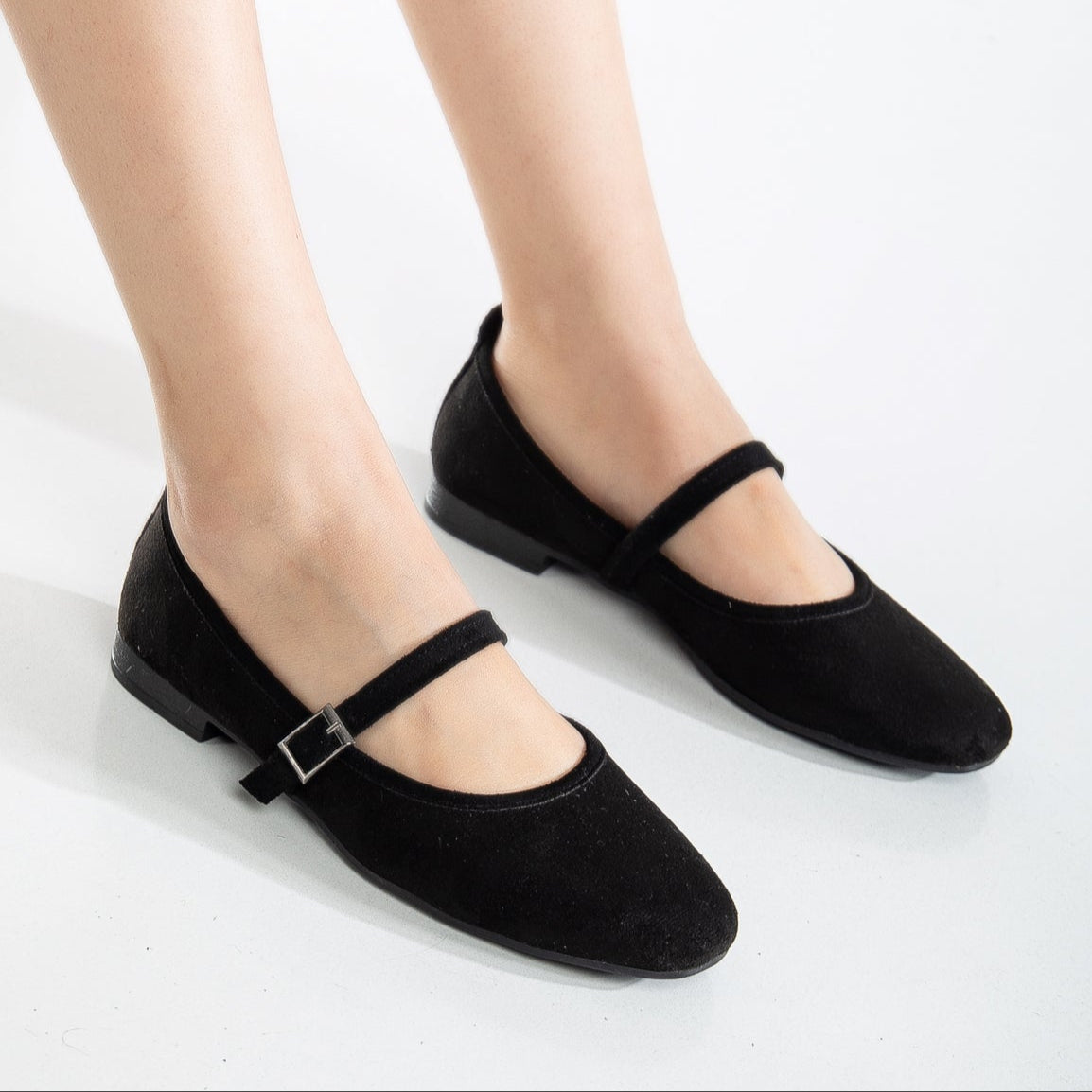 Emilie - Black Suede Mary Jane Flats – detail view showing leather, suede, black, Vowalisse