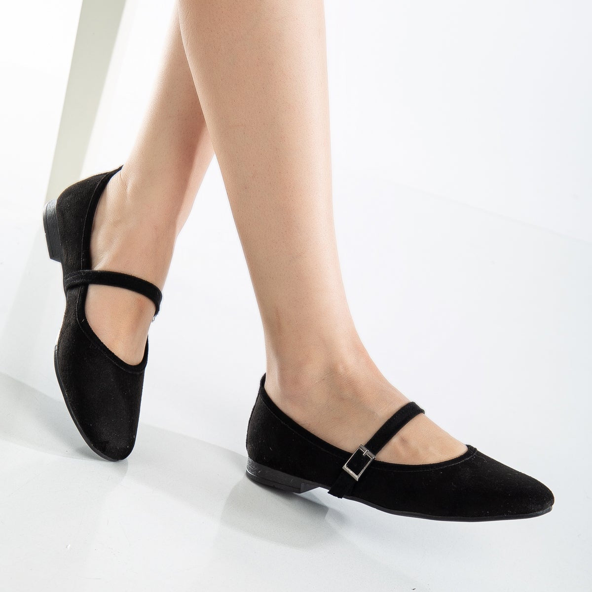 Emilie - Black Suede Mary Jane Flats – heel view showing leather, suede, black, Vowalisse