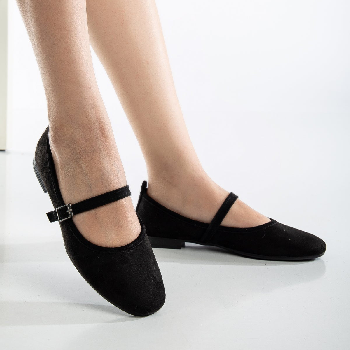 Emilie - Black Suede Mary Jane Flats – back view showing leather, suede, black, Vowalisse