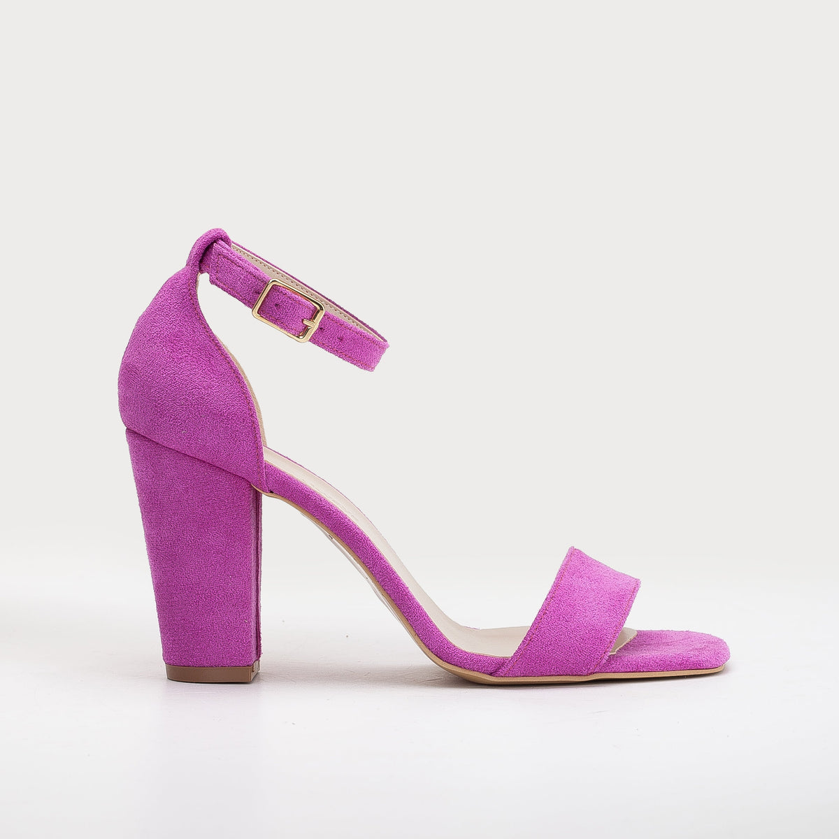 Jess - Fuchsia Suede Sandals – front three-quarter view showing leather, suede, pink, Vowalisse
