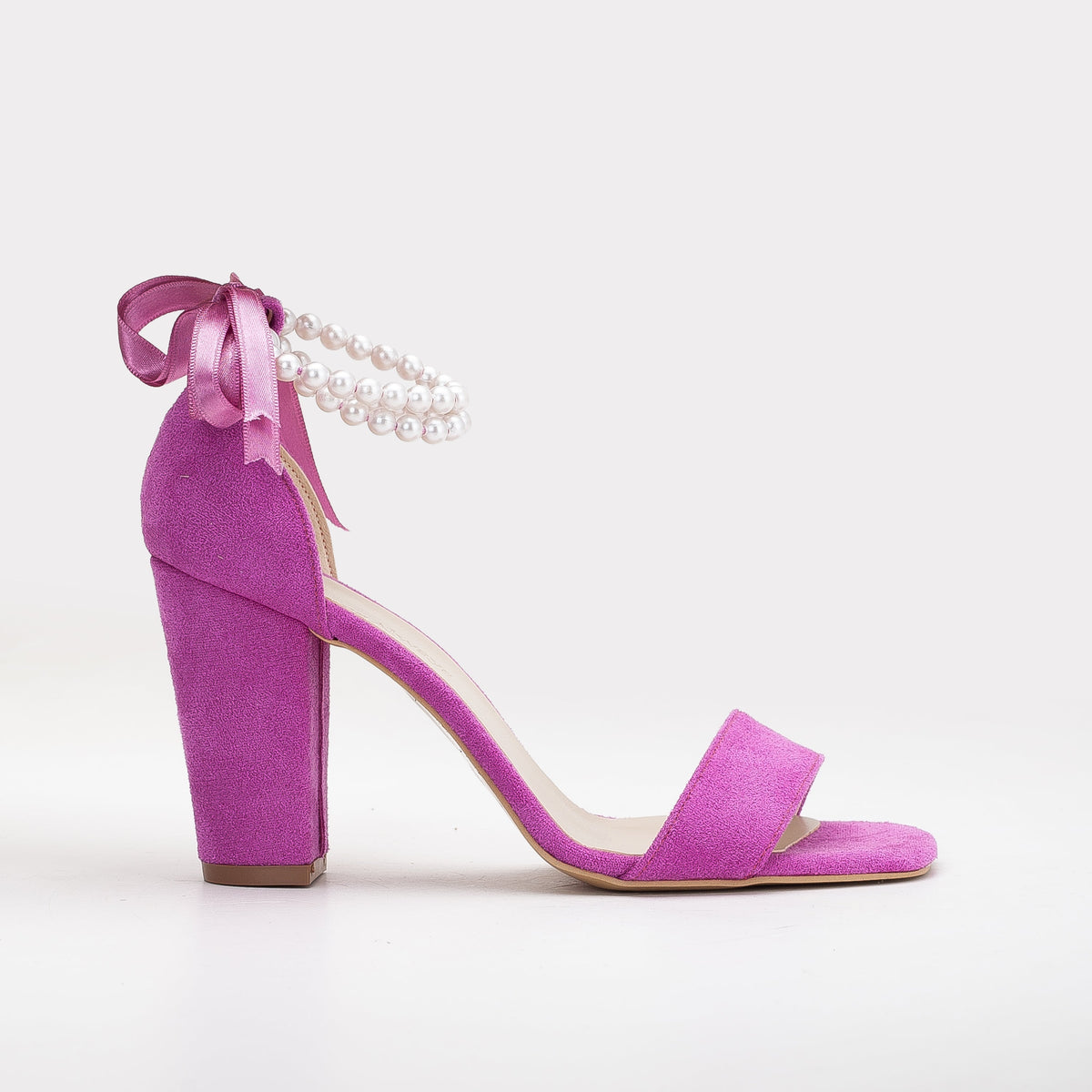 Melissa - Fuchsia Suede Sandals with Pearls – front three-quarter view showing pearl, leather, suede, Vowalisse