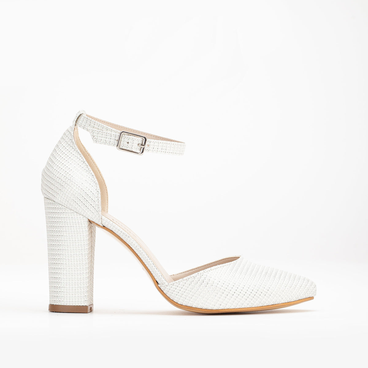 Gisele - White Glitter Wedding Heels – front three-quarter view showing leather, glitter, ivory, Vowalisse