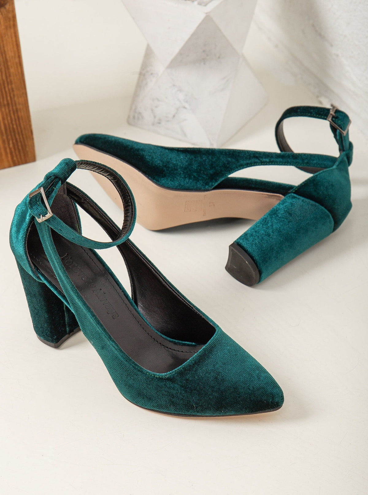 Colette - Emerald Green Velvet Heels – back view showing velvet, green, Vowalisse