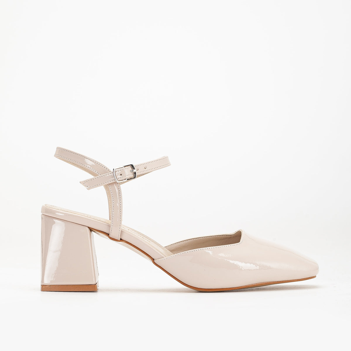 Kayla - Beige Patent Pumps – front three-quarter view showing leather, red, Vowalisse