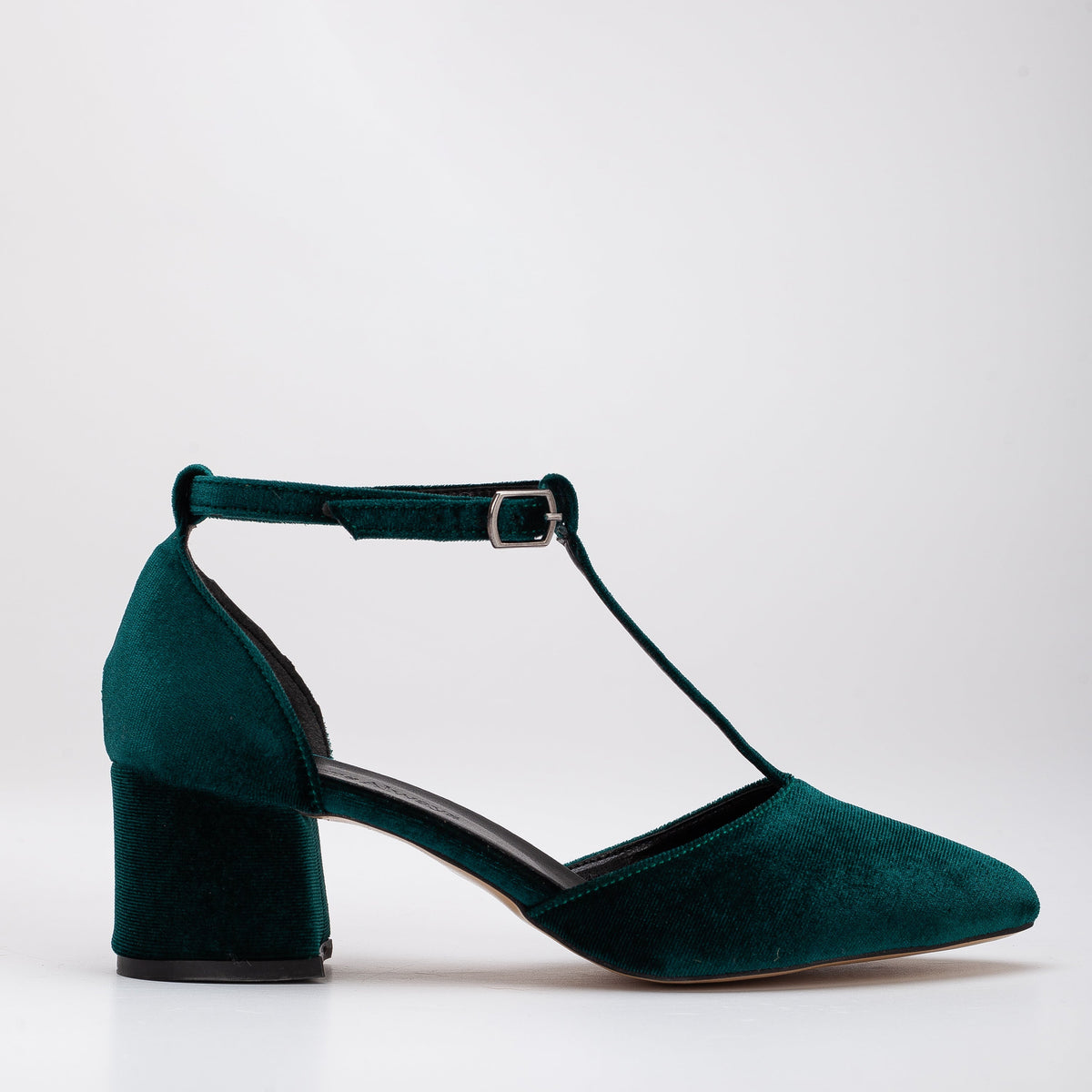 Anicette - Emerald Green Velvet Shoes – front three-quarter view showing velvet, red, green, Vowalisse
