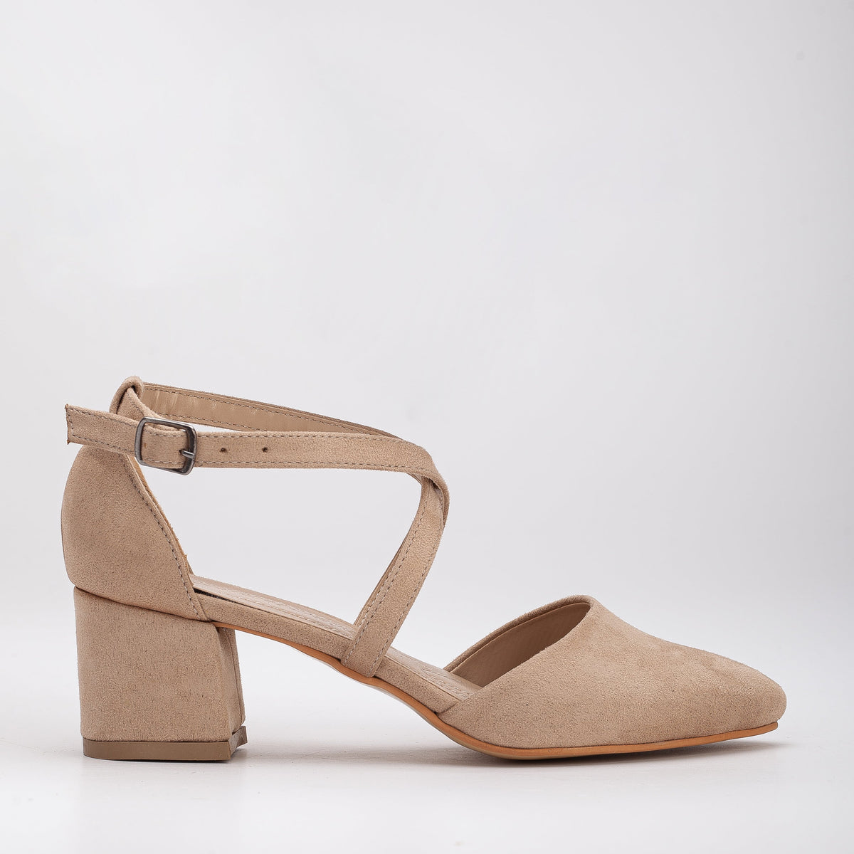Dolly - Beige Suede Low Heels – front three-quarter view showing leather, suede, nude, Vowalisse