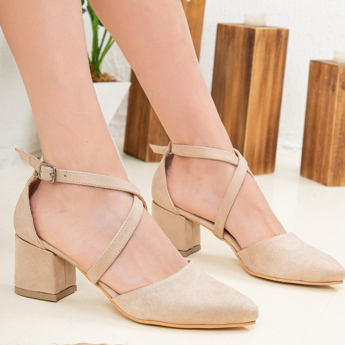 Dolly - Beige Suede Low Heels – side view showing leather, suede, nude, Vowalisse