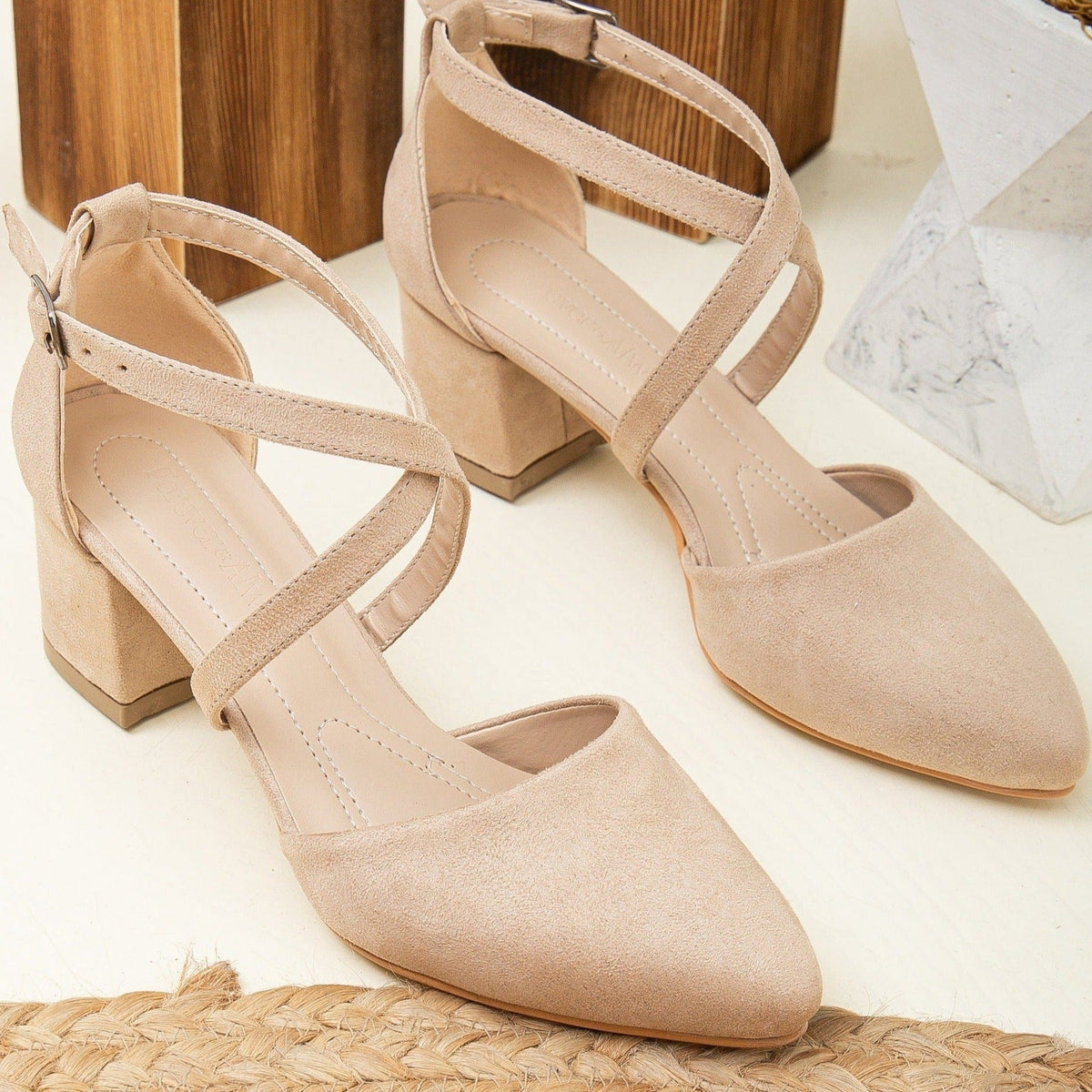 Dolly - Beige Suede Low Heels – back view showing leather, suede, nude, Vowalisse