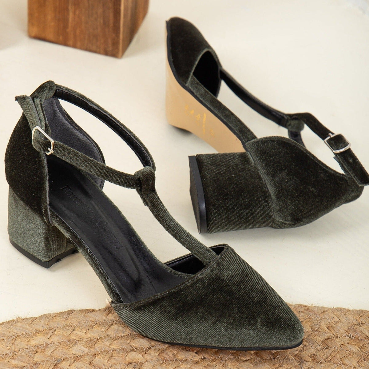 Anicette - Olive Green Velvet Pumps – detail view showing velvet, green, Vowalisse