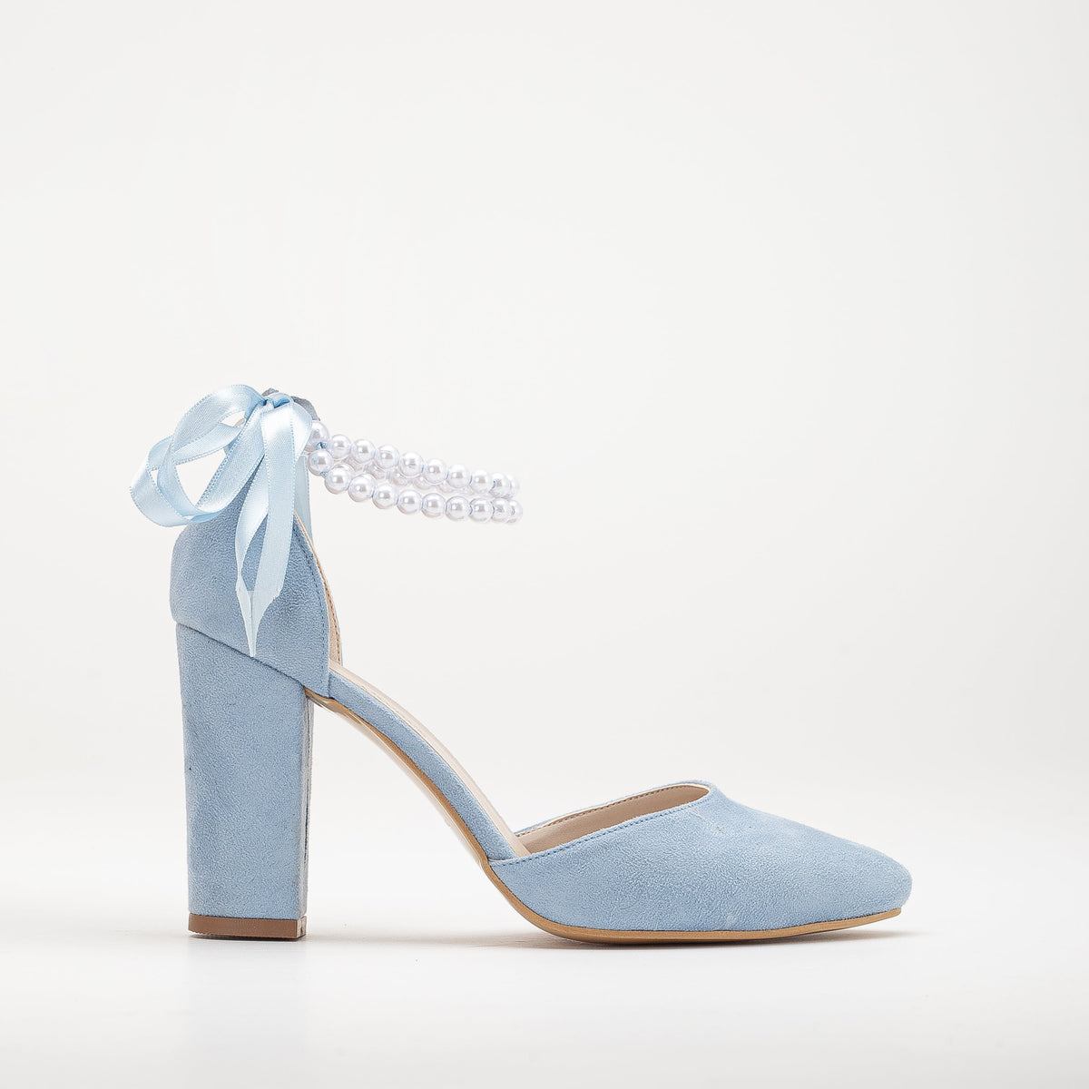 Denise - Baby Blue Suede Wedding Heels with Pearls – front three-quarter view showing pearl, leather, suede, Vowalisse