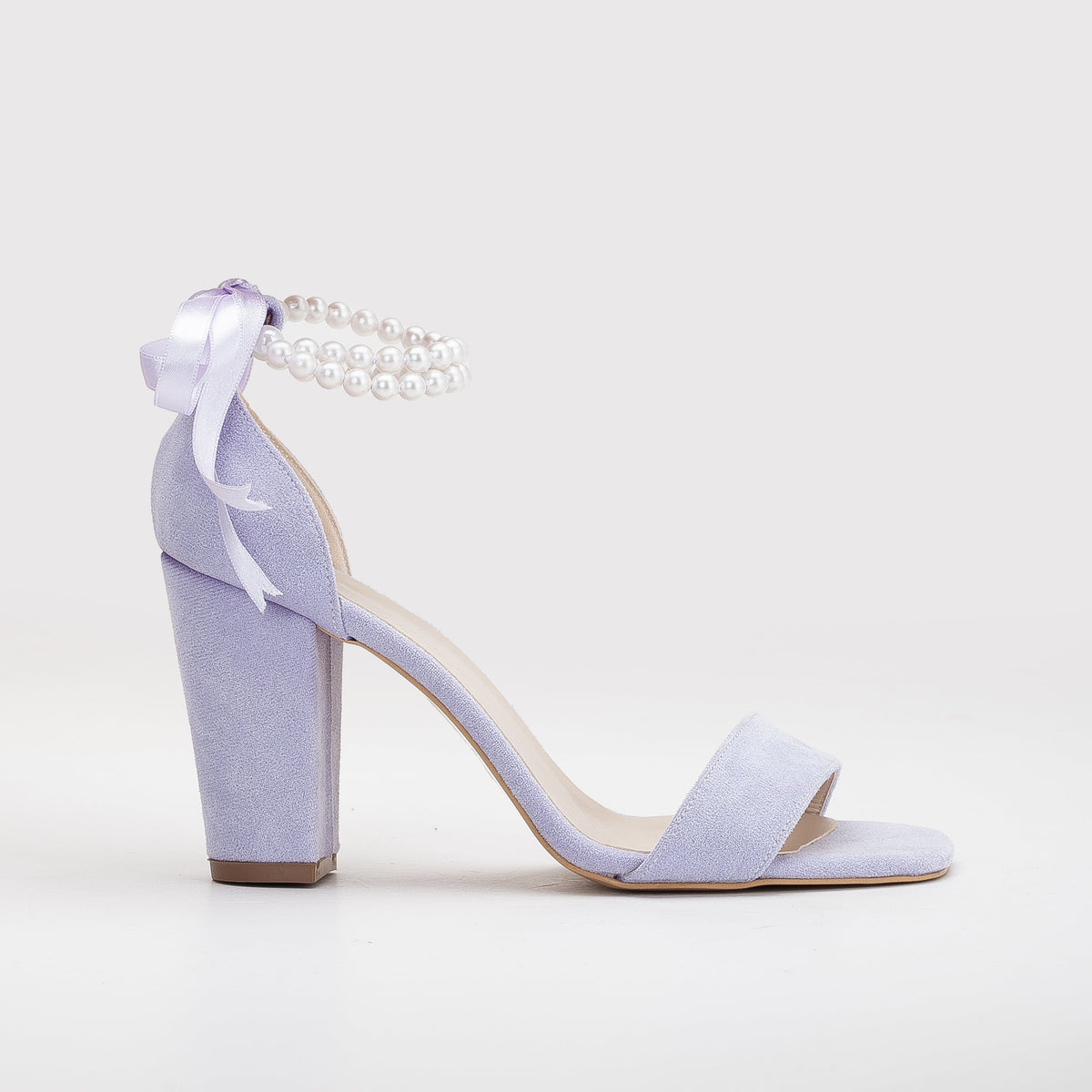 Melissa - Lilac Suede Sandals with Pearls – front three-quarter view showing pearl, leather, suede, Vowalisse