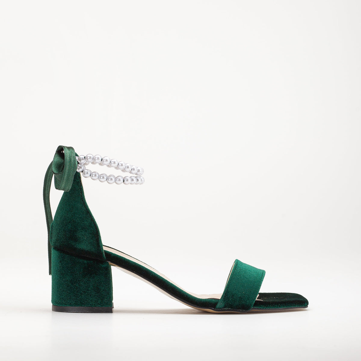 Illy - Green Velvet Sandals with Pearls – front three-quarter view showing pearl, satin, velvet, Vowalisse