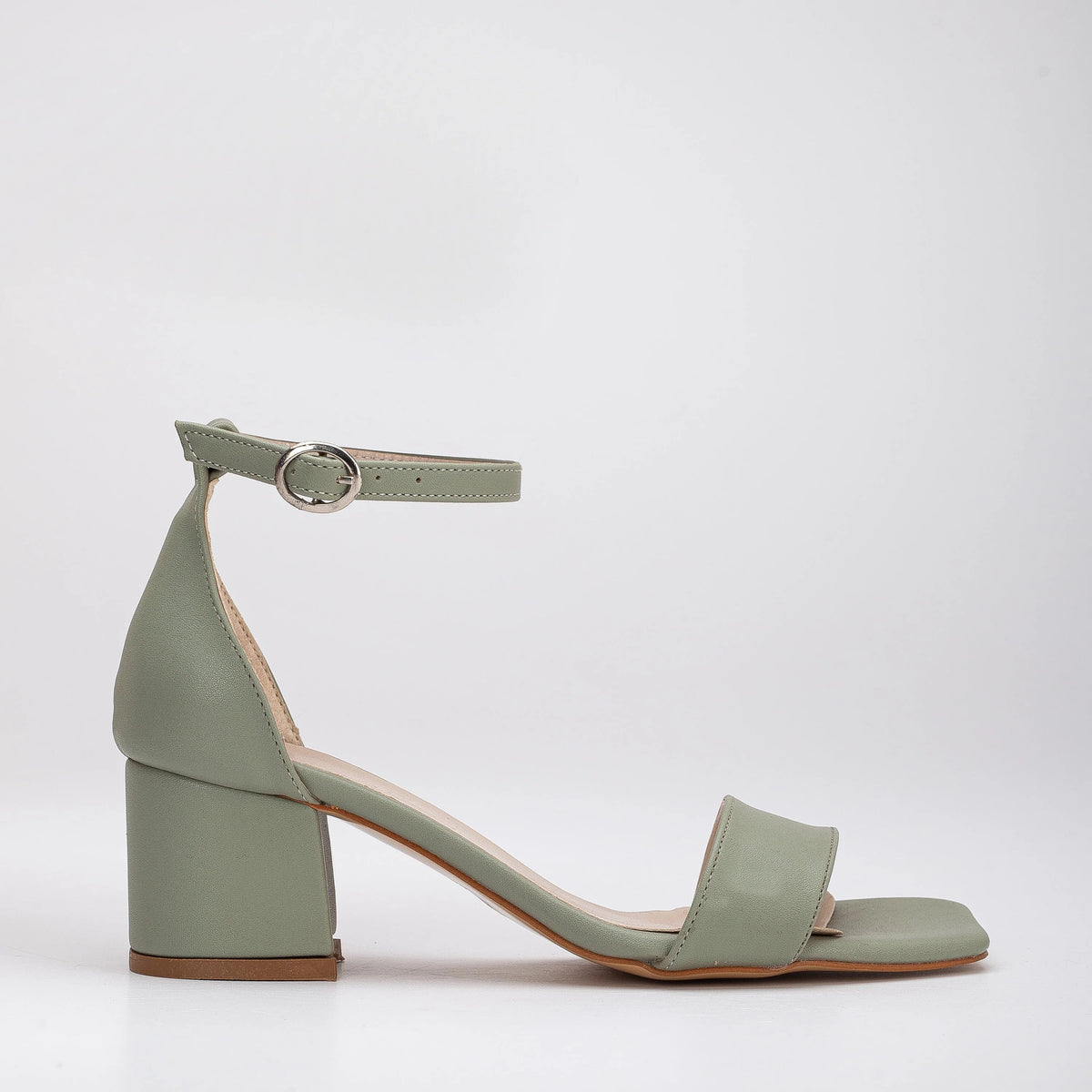 Iva - Sage Green Low Heel – front three-quarter view showing leather, green, Vowalisse