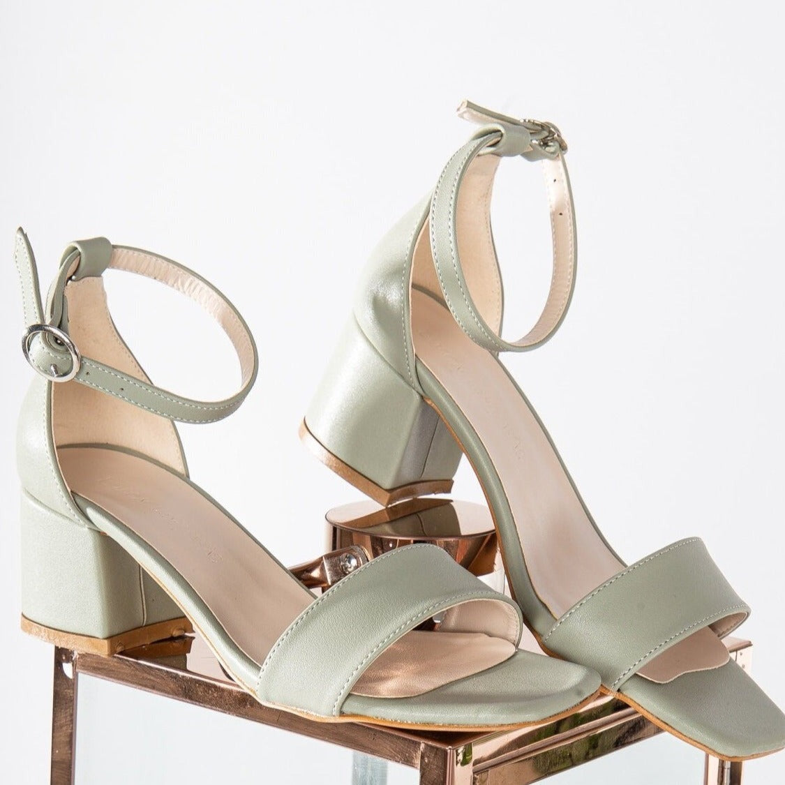 Iva - Sage Green Low Heel – detail view showing leather, green, Vowalisse