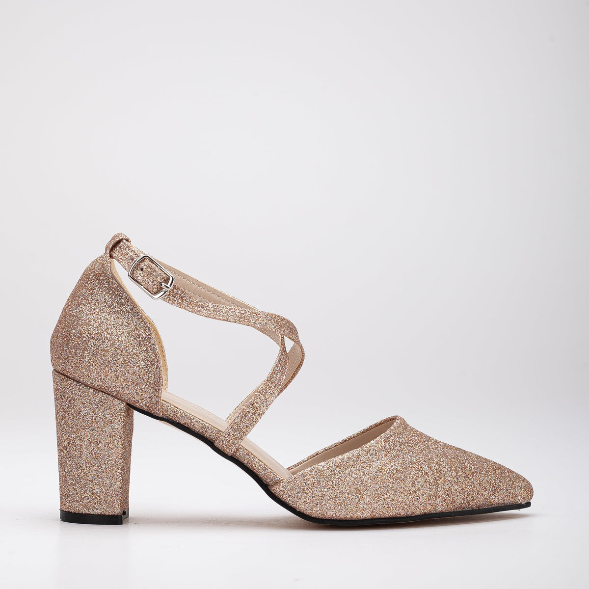 Sina - Rose Gold Glitter Bridal Heels – front three-quarter view showing leather, glitter, gold, Vowalisse