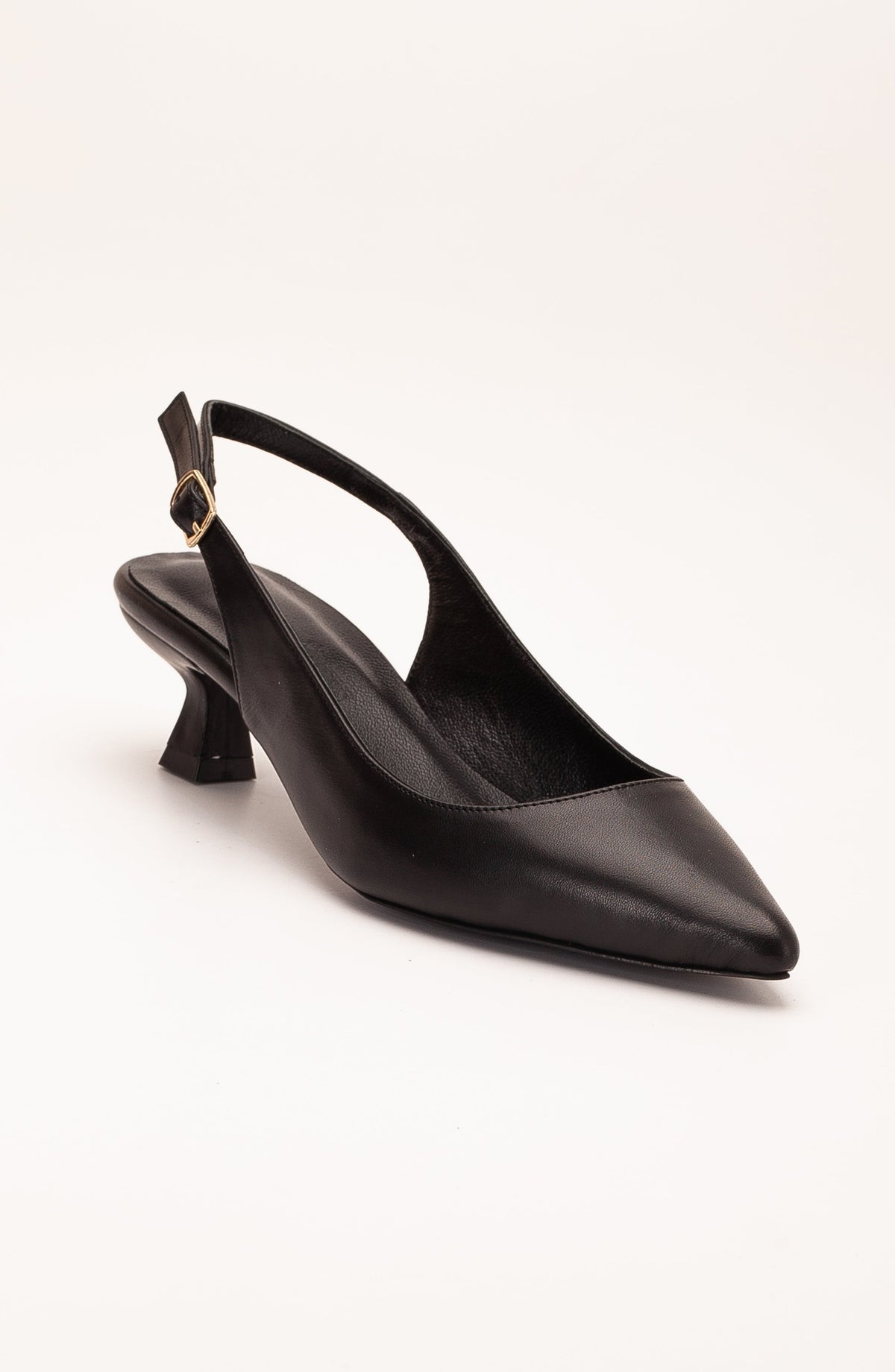 Lety - Black Leather Slingback Pumps – front three-quarter view showing leather, black, gold, Vowalisse
