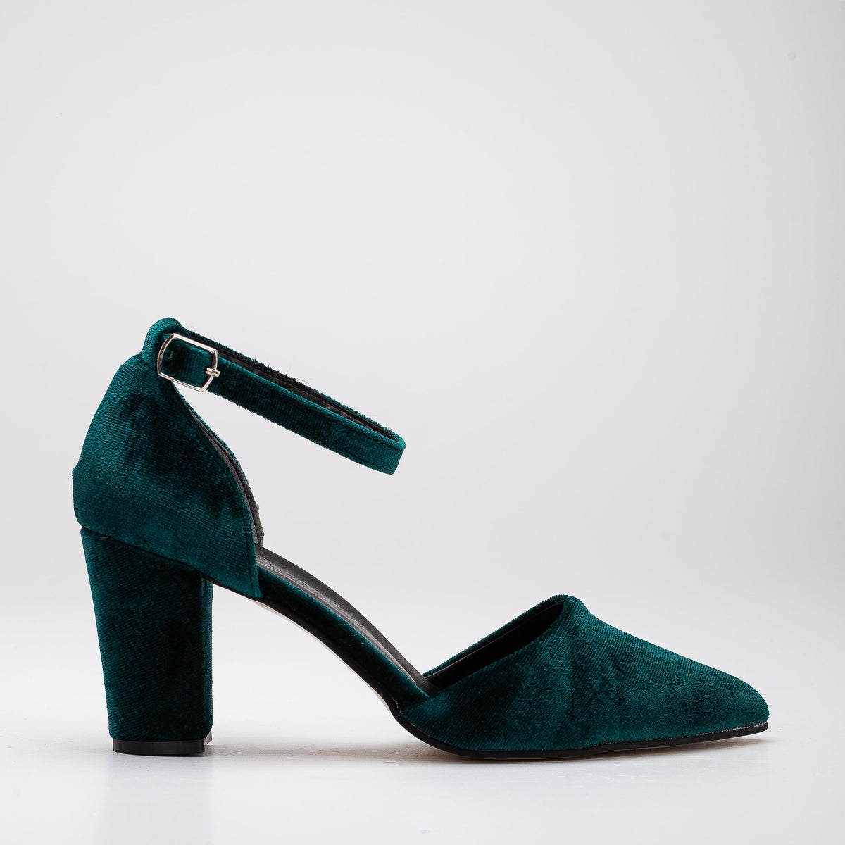 Agnes - Emerald Green Velvet Pearl Heels – top view showing pearl, velvet, green, Vowalisse