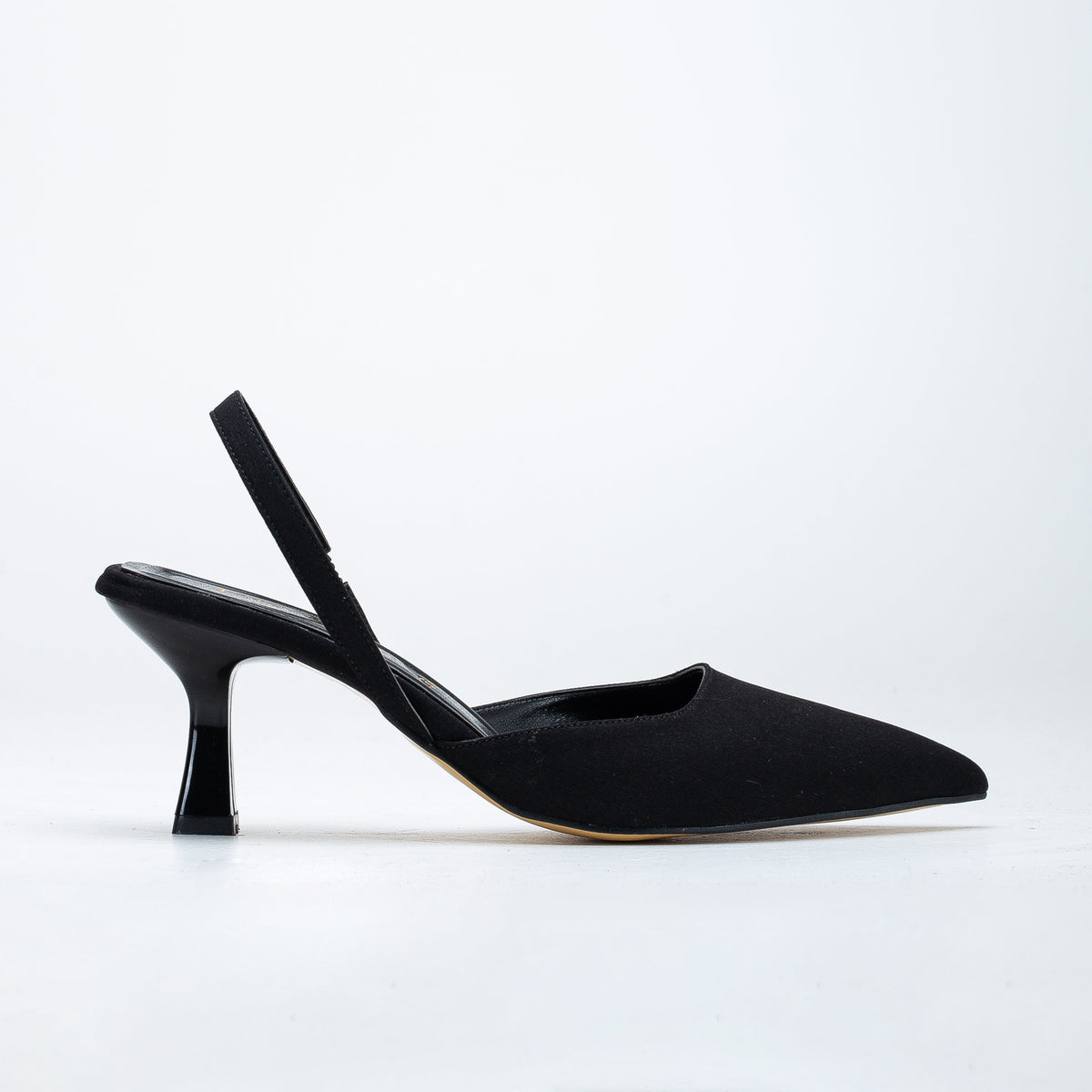 Rae - Black Suede Slingback Kitten Heels – front three-quarter view showing suede, black, Vowalisse