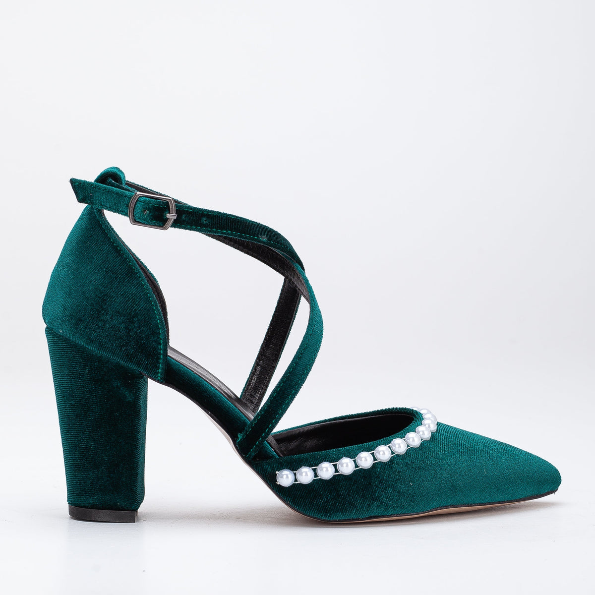Sina - Green Velvet Pearl Heels – front three-quarter view showing pearl, velvet, green, Vowalisse