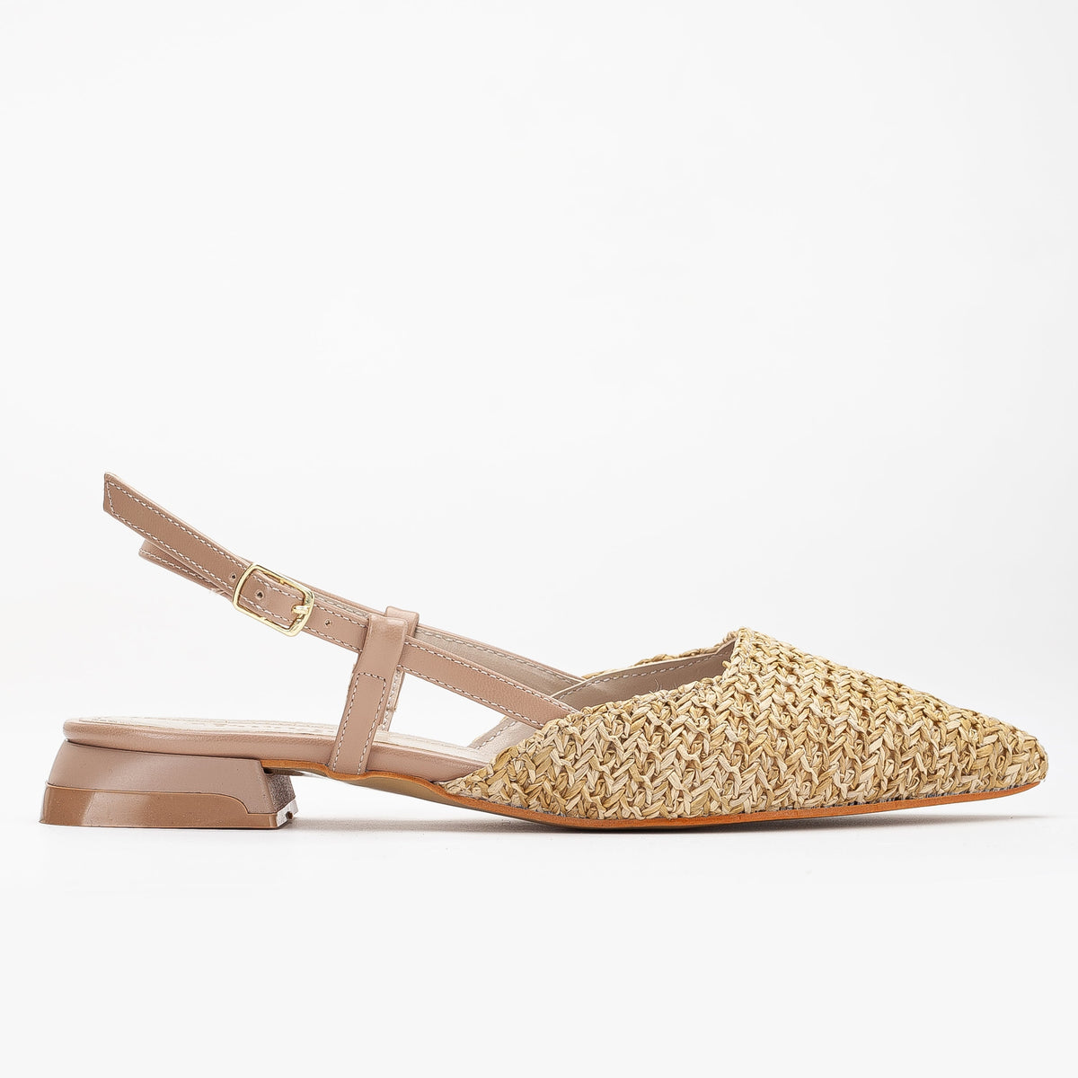 Riley - Beige Woven Slingback Flats – front three-quarter view showing leather, red, Vowalisse