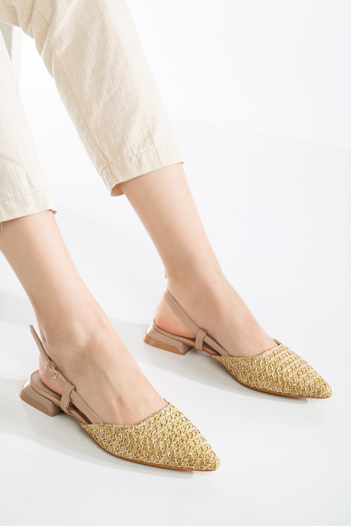 Riley - Beige Woven Slingback Flats – side view showing leather, red, Vowalisse