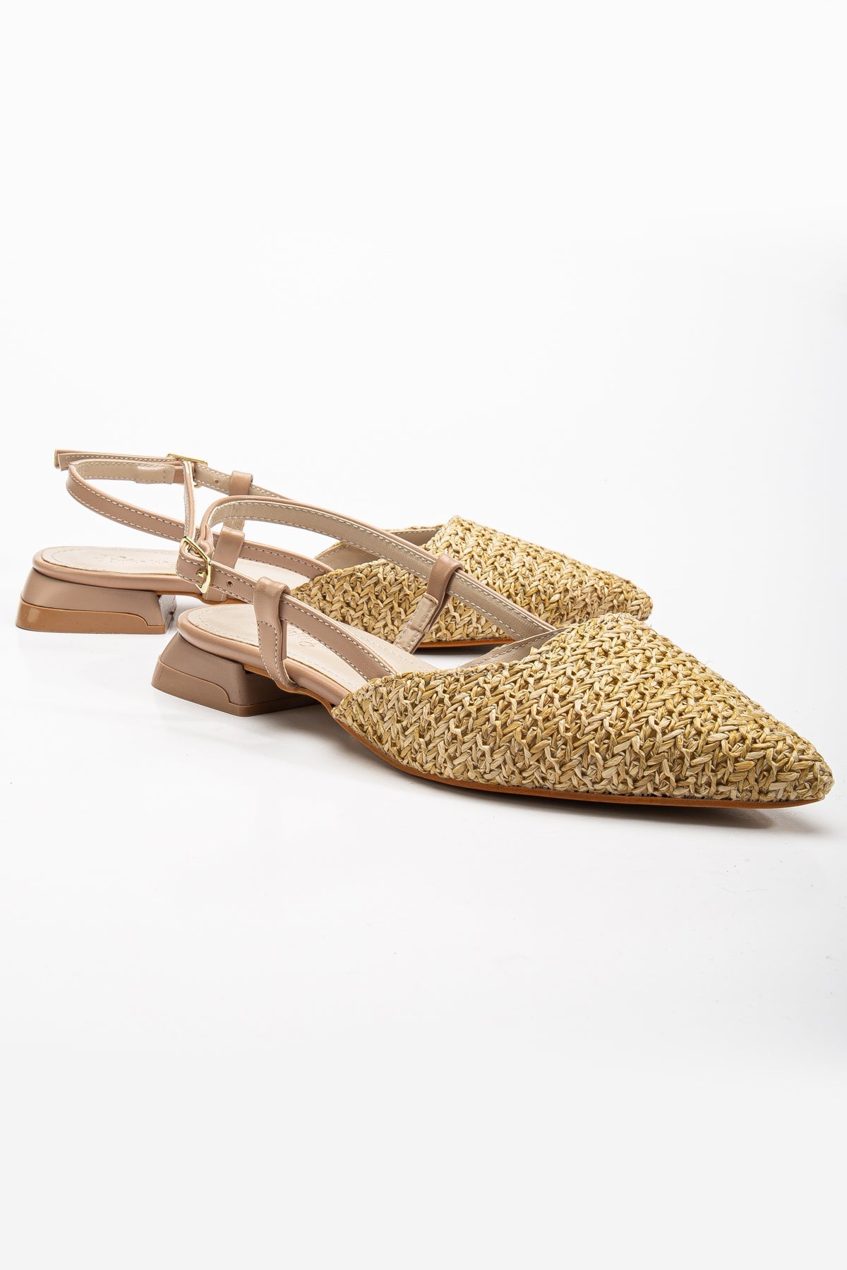 Riley - Beige Woven Slingback Flats – detail view showing leather, red, Vowalisse