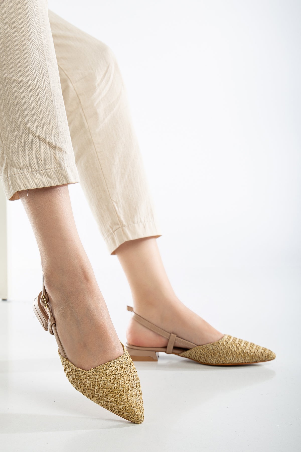 Riley - Beige Woven Slingback Flats – back view showing leather, red, Vowalisse