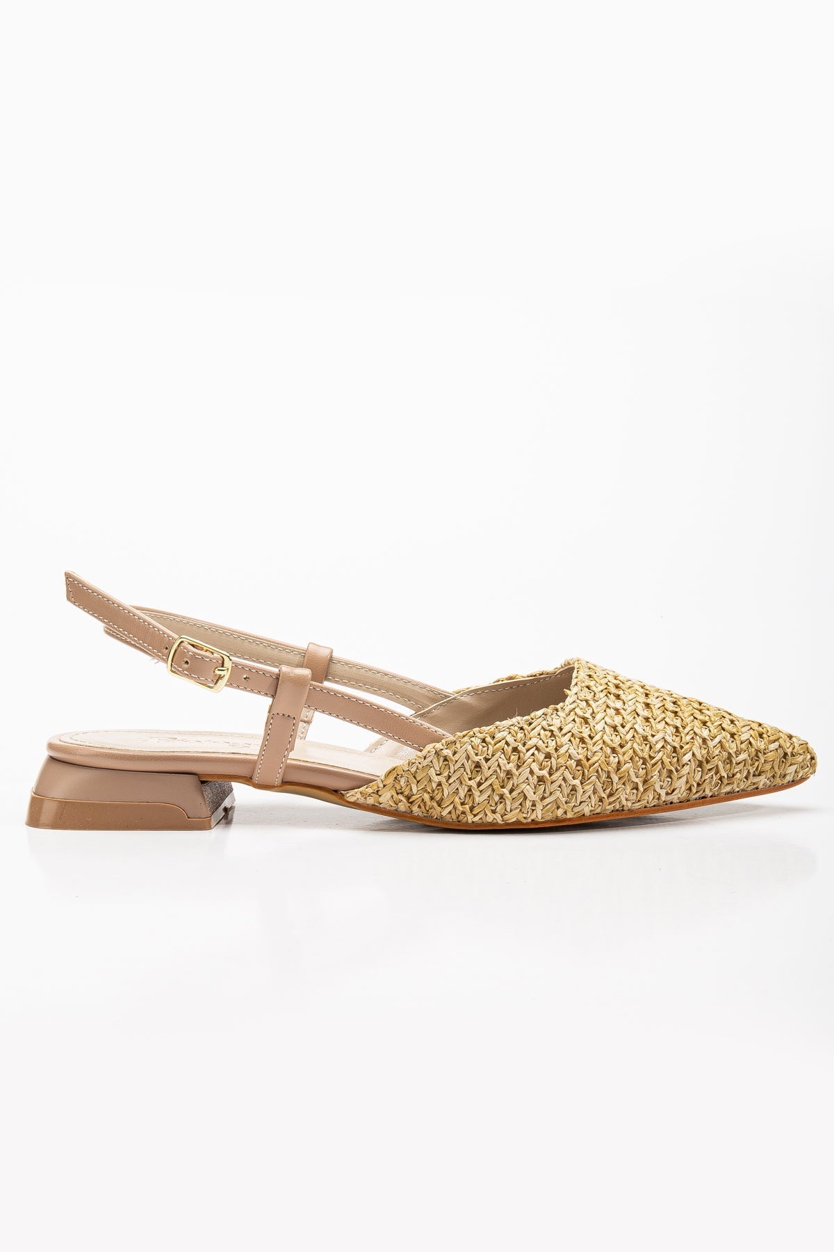 Riley - Beige Woven Slingback Flats – top view showing leather, red, Vowalisse