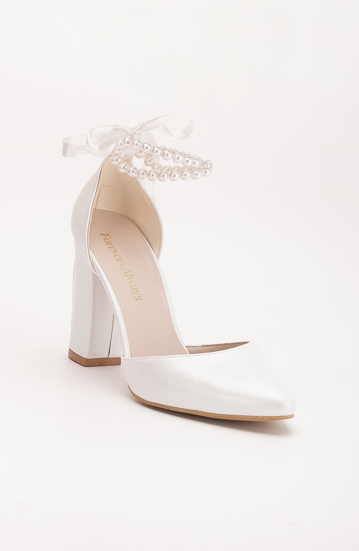 Denise - Ivory Wedding Heels with Pearls – front three-quarter view showing pearl, satin, leather, Vowalisse