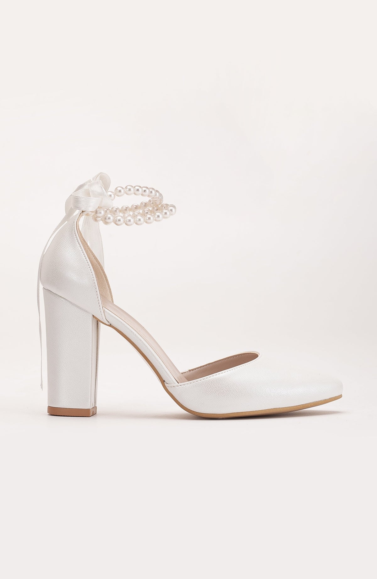 Denise - Ivory Wedding Heels with Pearls – side view showing pearl, satin, leather, Vowalisse
