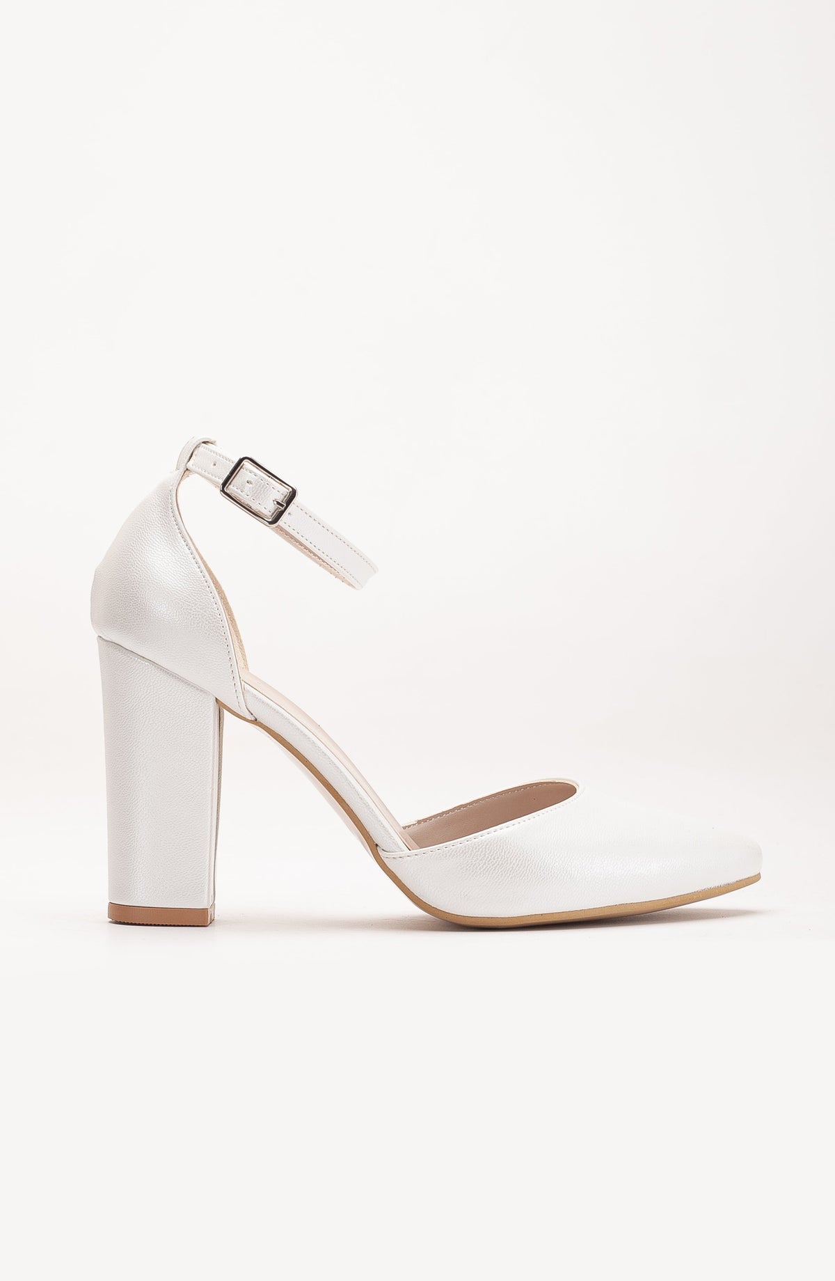 Denise - Ivory Wedding Heels with Pearls – detail view showing pearl, satin, leather, Vowalisse