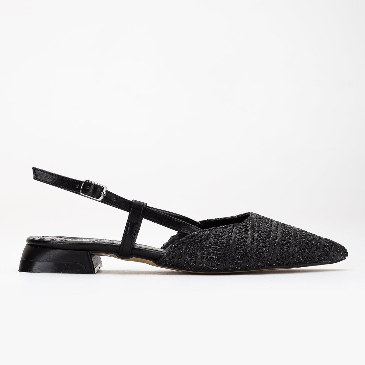 Riley - Black Woven Slingback Flats – front three-quarter view showing leather, black, red, Vowalisse