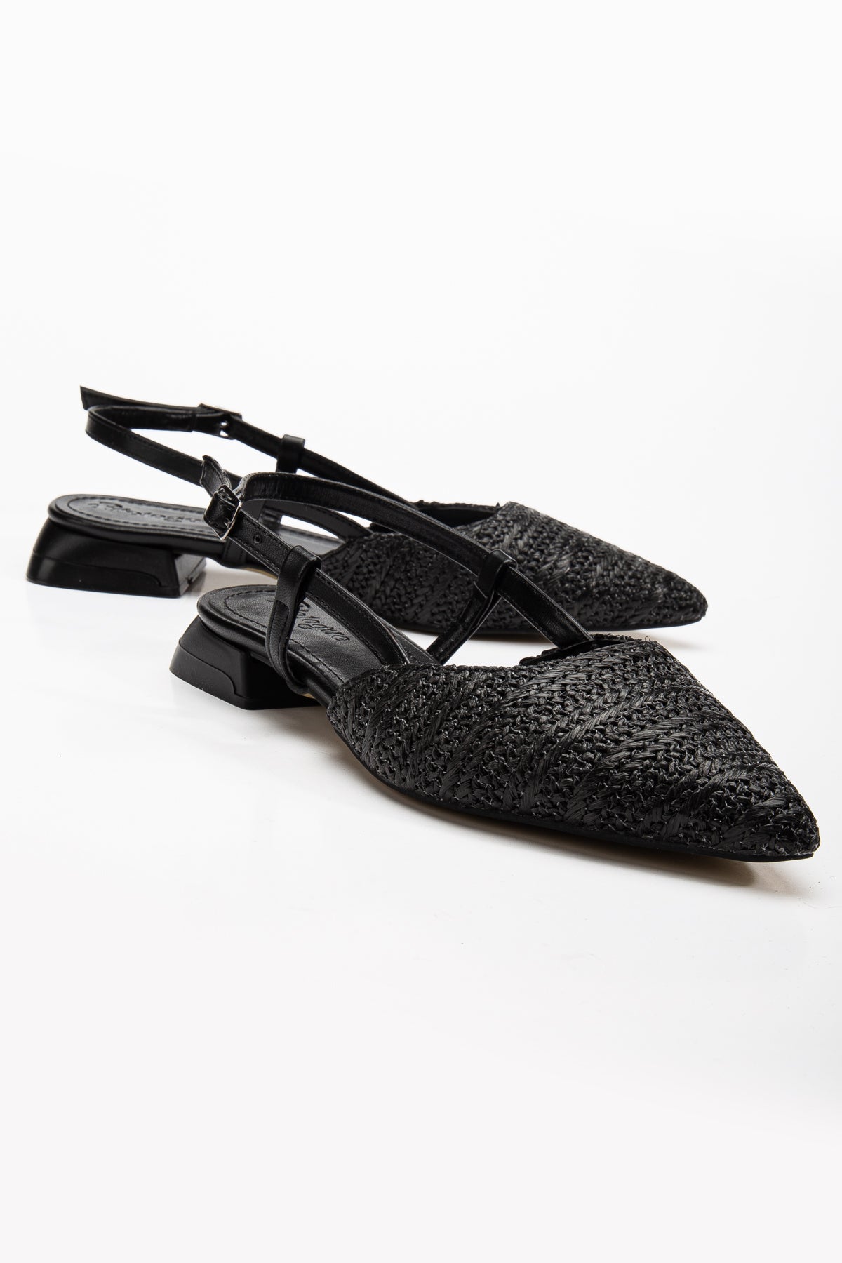 Riley - Black Woven Slingback Flats – detail view showing leather, black, red, Vowalisse