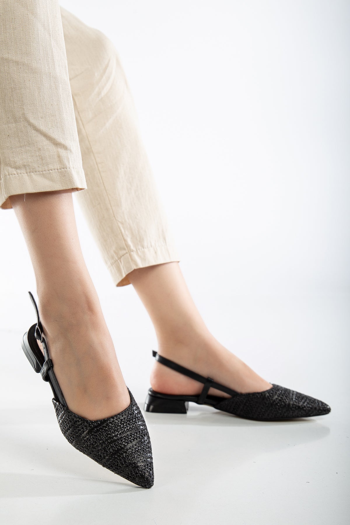 Riley - Black Woven Slingback Flats – back view showing leather, black, red, Vowalisse