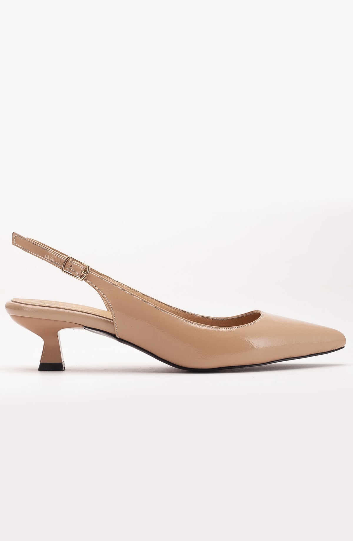 Lety - Beige Patent Leather Slingback Pumps – side view showing leather, gold, red, Vowalisse