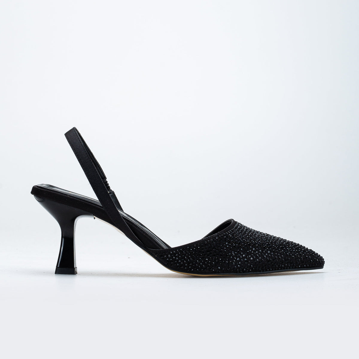 Rae - Black Rhinestone Slingback Kitten Heels – front three-quarter view showing rhinestone, black, Vowalisse